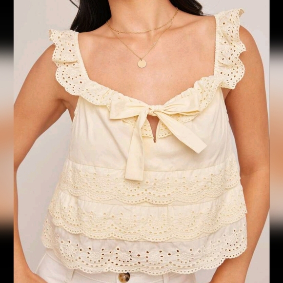 Floral Eyelet & 100% Cotton Western Mix Media Ruffle Square Neck Cute Keyhole - Picture 4 of 4